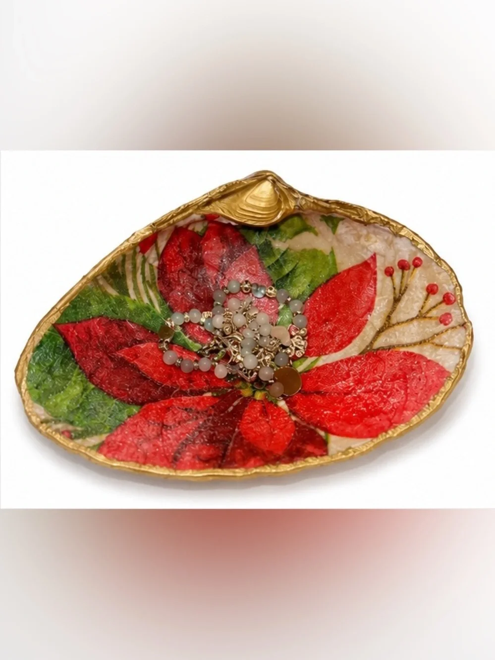 Handmade Decoupage Oyster Shell Trinket Dish | Christmas Poinsettia Ring Dish